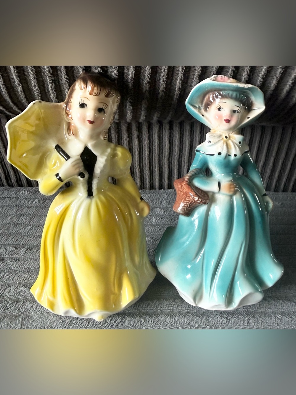 READ VTG 2 Wales Made in Japan Figurines Ladies Umbrella Porcelain